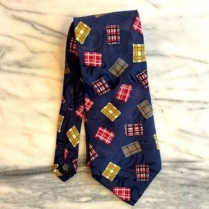 VINTAGE BUGATTI Tie 100% Italian Silk Navy with Geometric Print